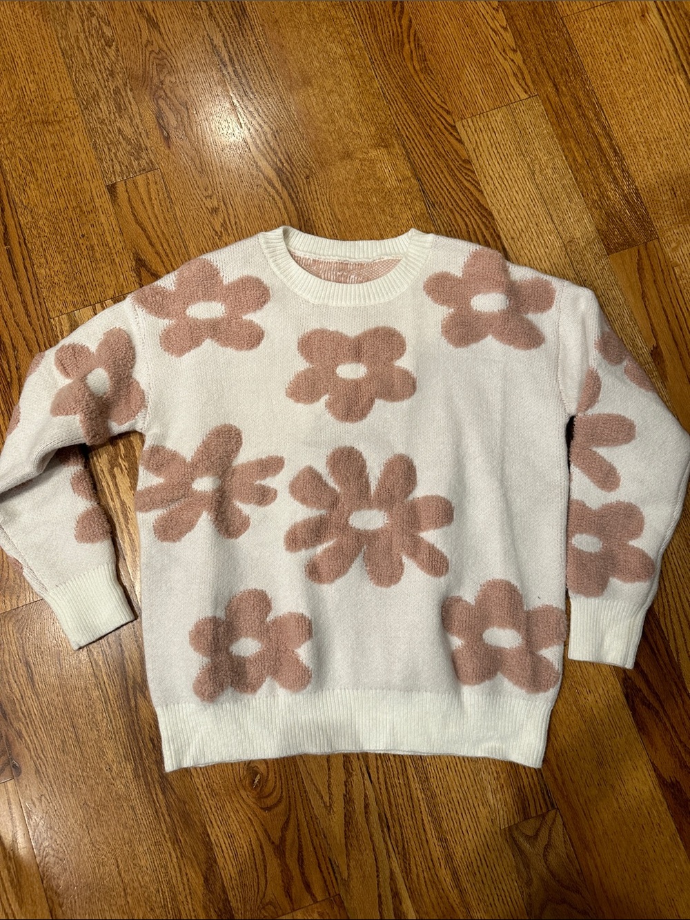 Women's White Crewneck Sweater with Blush Floral Motif
